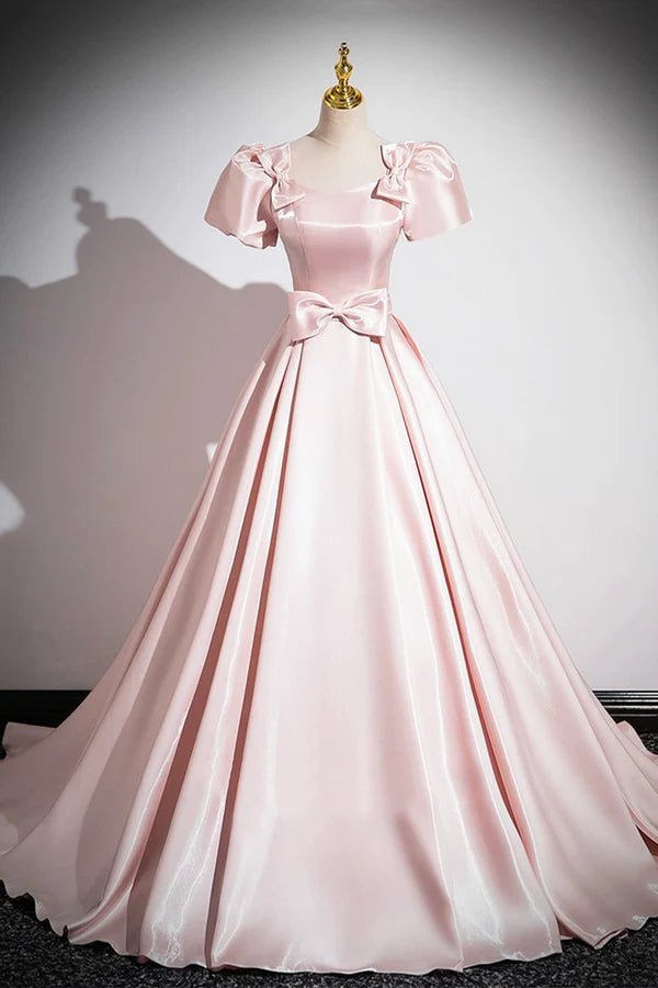 Wholesale Pink Scoop Neckline Satin Floor Length Prom Dress Pink Short Sleeve A-Line Party Dress